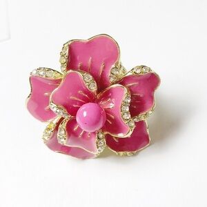 Floral Pink Rhinestone Ring Stretch to fit Adjustable Flower Costume Jewelry